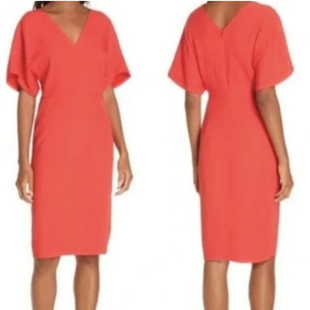 NWT Lewit V-Neck Crepe Dress Short Dolman Sleeve V-Back 10 Medium Knee Length